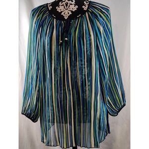 Ruby Rd Striped Sheer Blouse Tunic Long Sleeve Women's Size L Blue Green